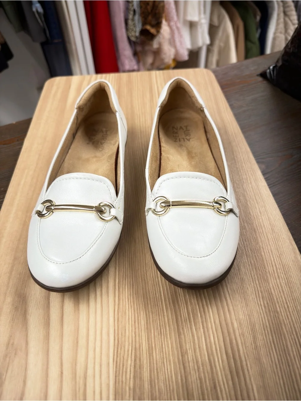🍀3/$30 Women's White Leather Slip-On Loafers with Gold Horsebit